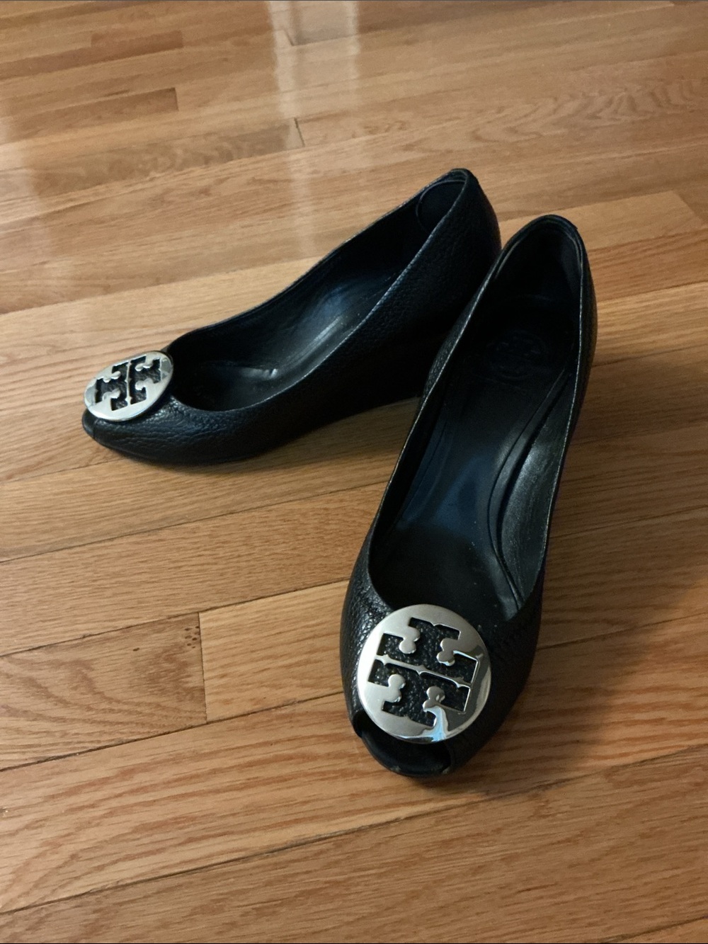 Tory Burch Black Leather Logo Round Peep Toe Wedges